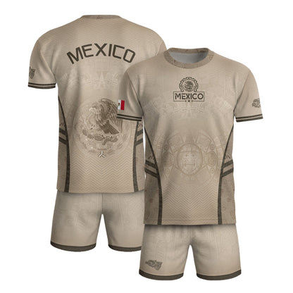 Mexico Soccer Jersey Aztec Eagle Sun Calendar Beige Tan Football Shirt for Fans