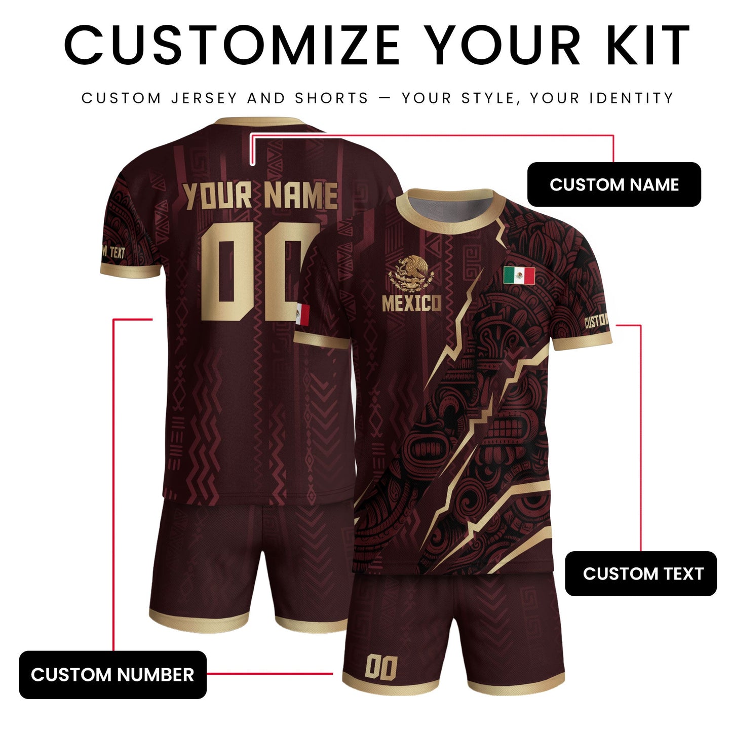 Custom Mexican Heritage Jersey Maroon Aztec Design Mexico Eagle Soccer Shirt Men Women