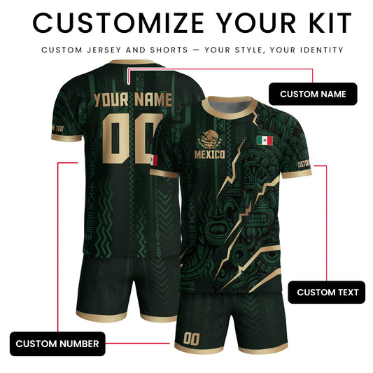 Custom Mexico Aztec Eagle Jersey Green Gold Mexican Pride Heritage Football Soccer Shirt