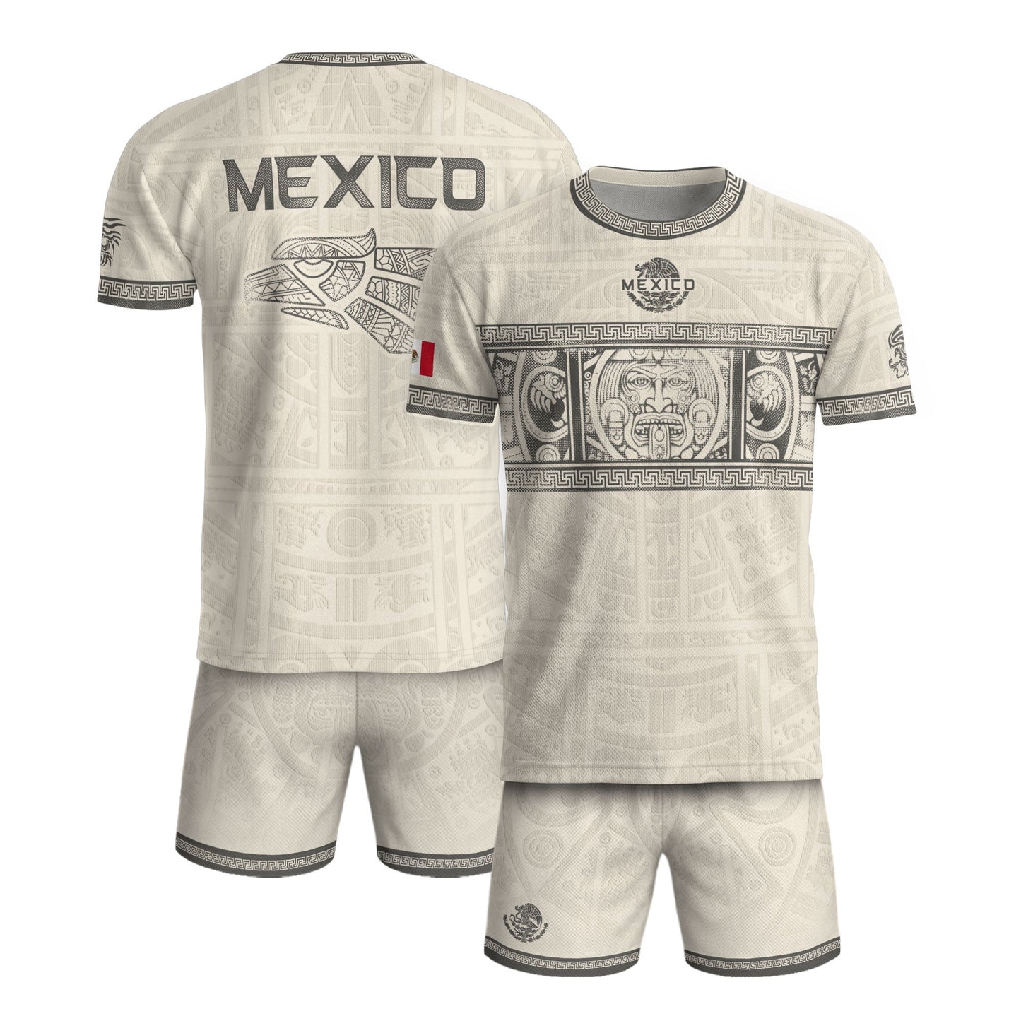 Beige Mexico Soccer Jersey Aztec Heritage Trim Mexican Football Shirt Men Women