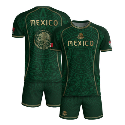 Green Mexico Soccer Jersey Aztec Sun Calendar Mexican Football Shirt for Fans
