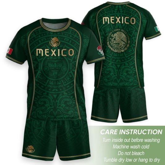 Mexico Kids Soccer Jersey Green Aztec Calendar Gold Youth Football Shirt Toddler Kit
