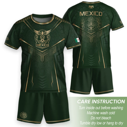Mexico Soccer Jersey Youth Green Gold Eagle Shield Warrior Culture Print Football Shirt