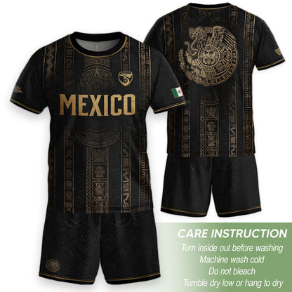 Mexico Soccer Jersey Youth Black Aztec Calendar Sun Stone Heritage Football Shirt Set