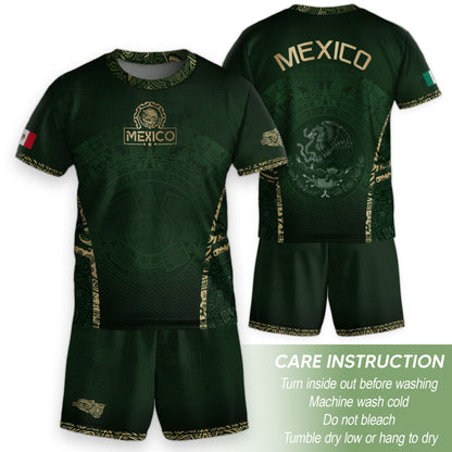 Mexico Kids Soccer Jersey Youth Green Gold Aztec Calendar Eagle Heritage Football Shirt