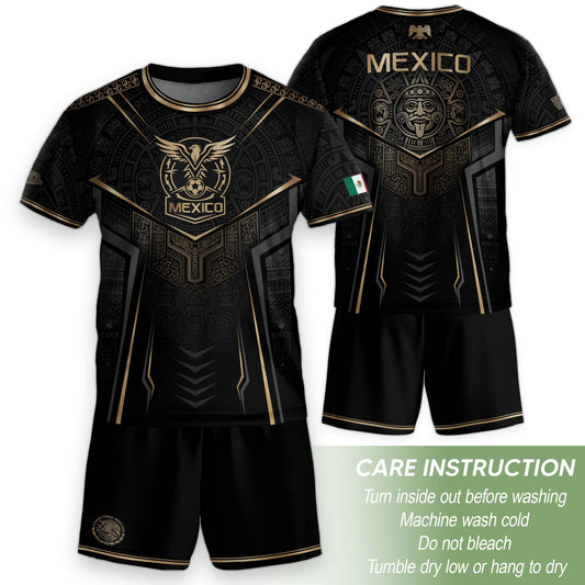Mexico Youth Soccer Jersey Set Aztec Graphic Kids Football Uniform Black Gold Sportswear