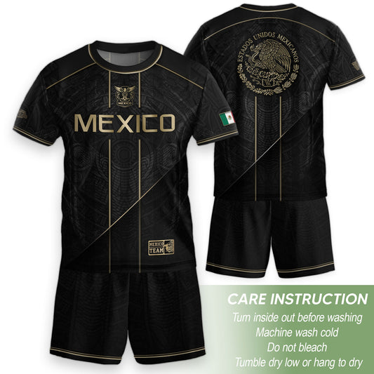 Mexico Youth Football Kit Black Gold Aztec Design Kids Soccer Uniform Elite Sportswear Top
