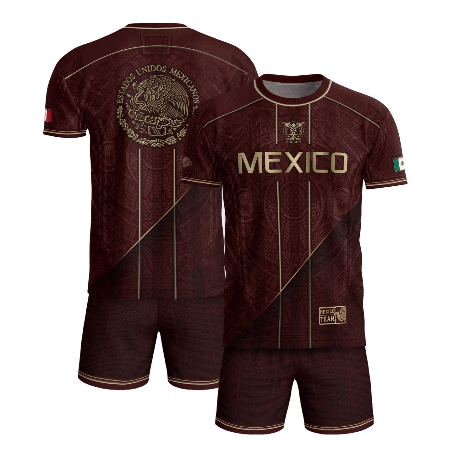 Mexico Soccer Jersey Men Maroon Gold Heritage Football Shirt Aztec Style Top