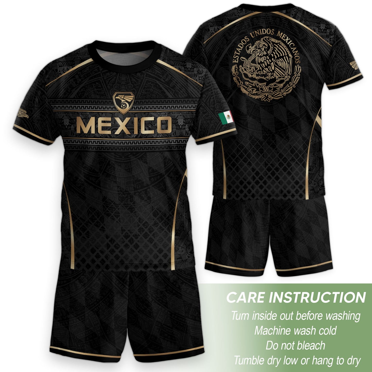 Aztec Inspired Black Gold Football Shirt for Youth, Mexico Soccer Jersey Retro Style Wear
