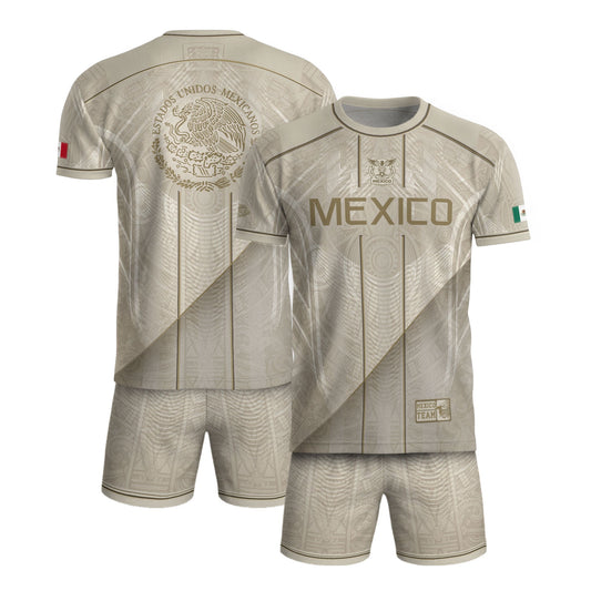 Mexico Soccer Jersey Men Beige Gold Aztec Calendar Mexican Football Shirt