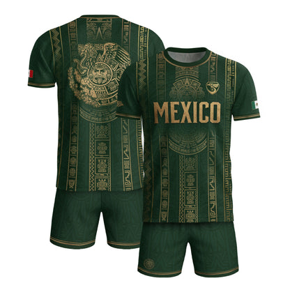 Mexico Soccer Jersey Men Green Gold Aztec Sun Stone Mexican Football Shirt