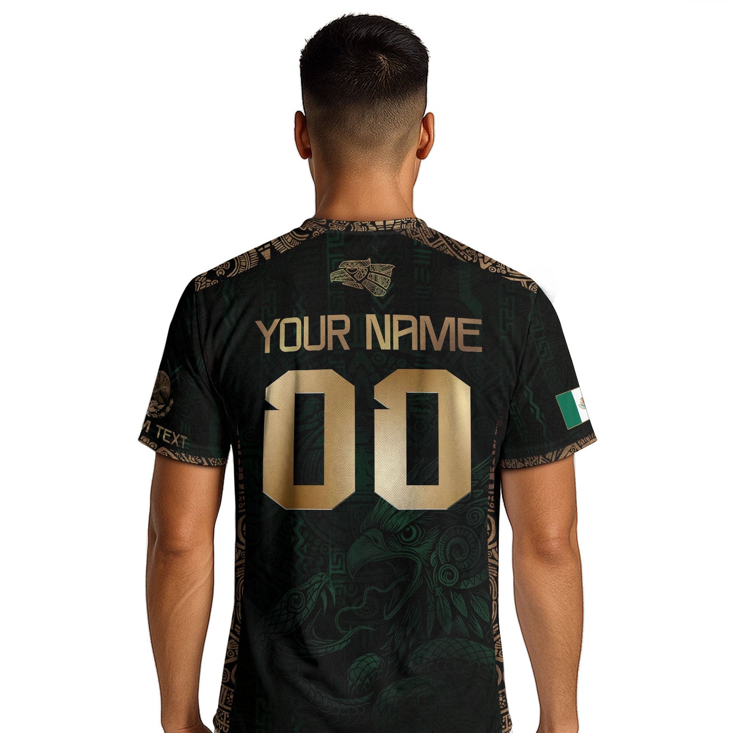 Custom Mexico Green Gold Soccer Jersey with Aztec Eagle Warrior Design