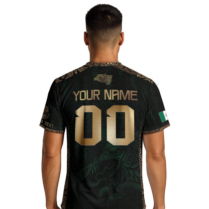 Custom Mexico Green Gold Soccer Jersey with Aztec Eagle Warrior Design