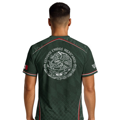 Mexico Soccer Green White Aztec Pattern Football Design - Mexico Fan Heritage Style Shirt