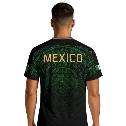 Mexico Soccer Jersey Green Black Aztec Sun Stone - Mexico Fan Heritage Style Shirt