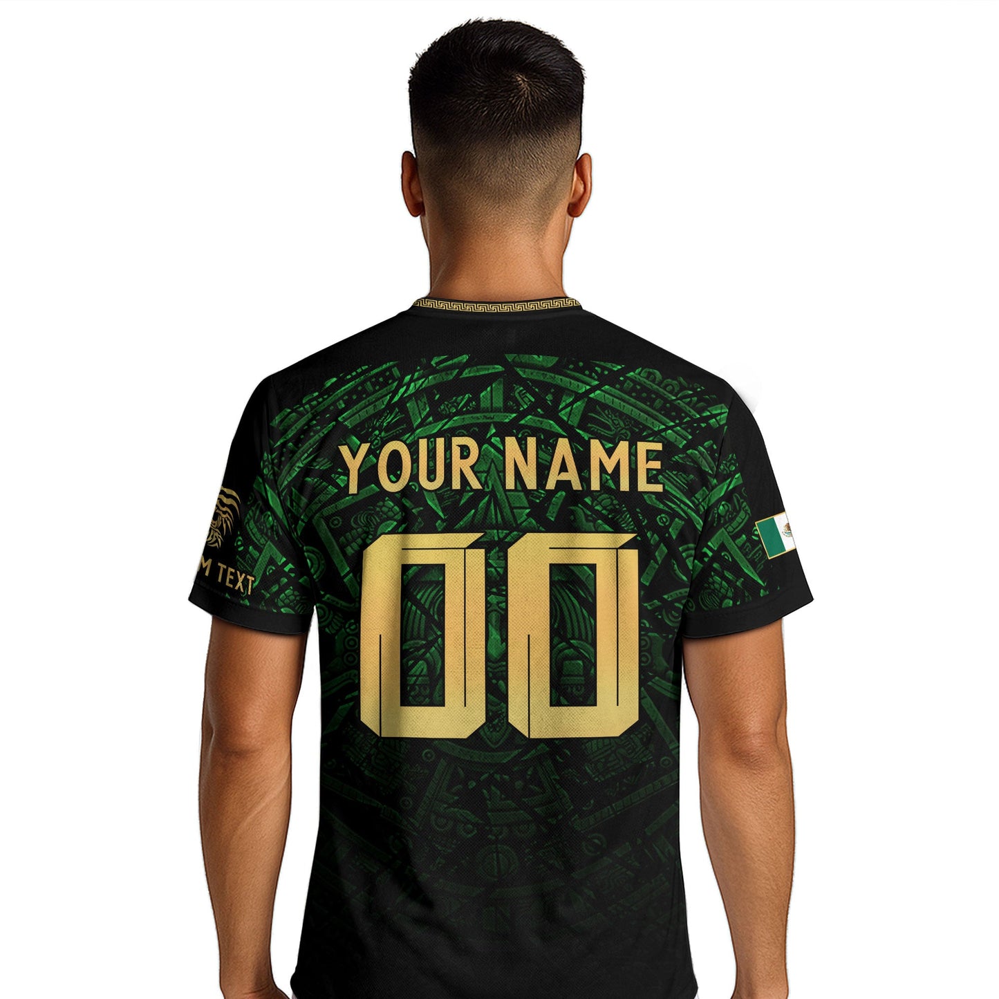 Custom Mexico Soccer Jersey – Green Aztec Calendar Pattern Black Football Shirt