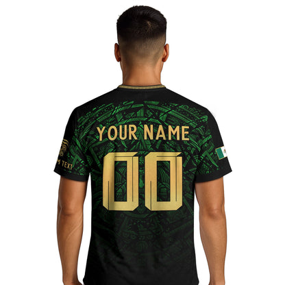 Custom Mexico Soccer Jersey – Green Aztec Calendar Pattern Black Football Shirt