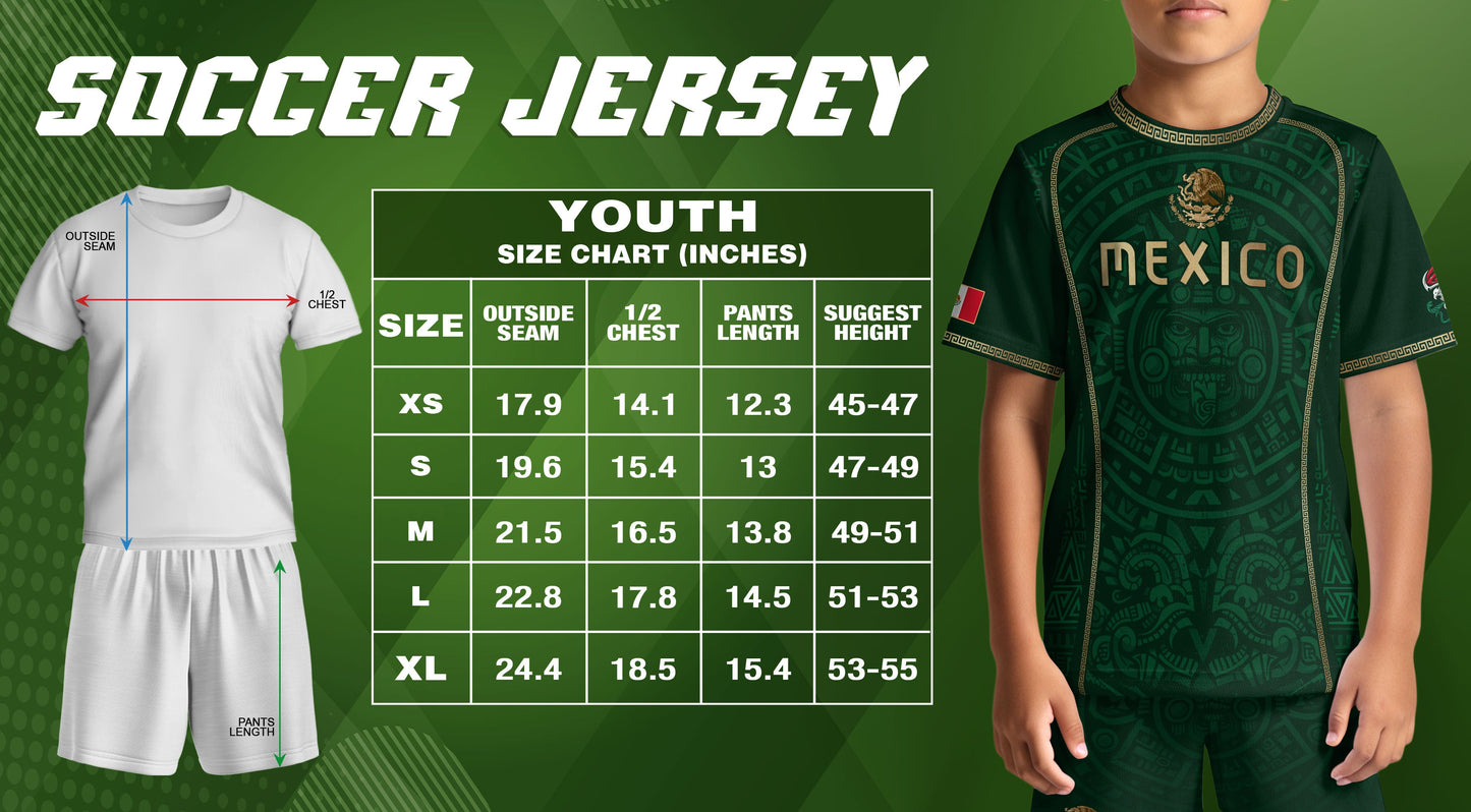 Mexico Kids Soccer Jersey Green Aztec Calendar Gold Youth Football Shirt Toddler Kit