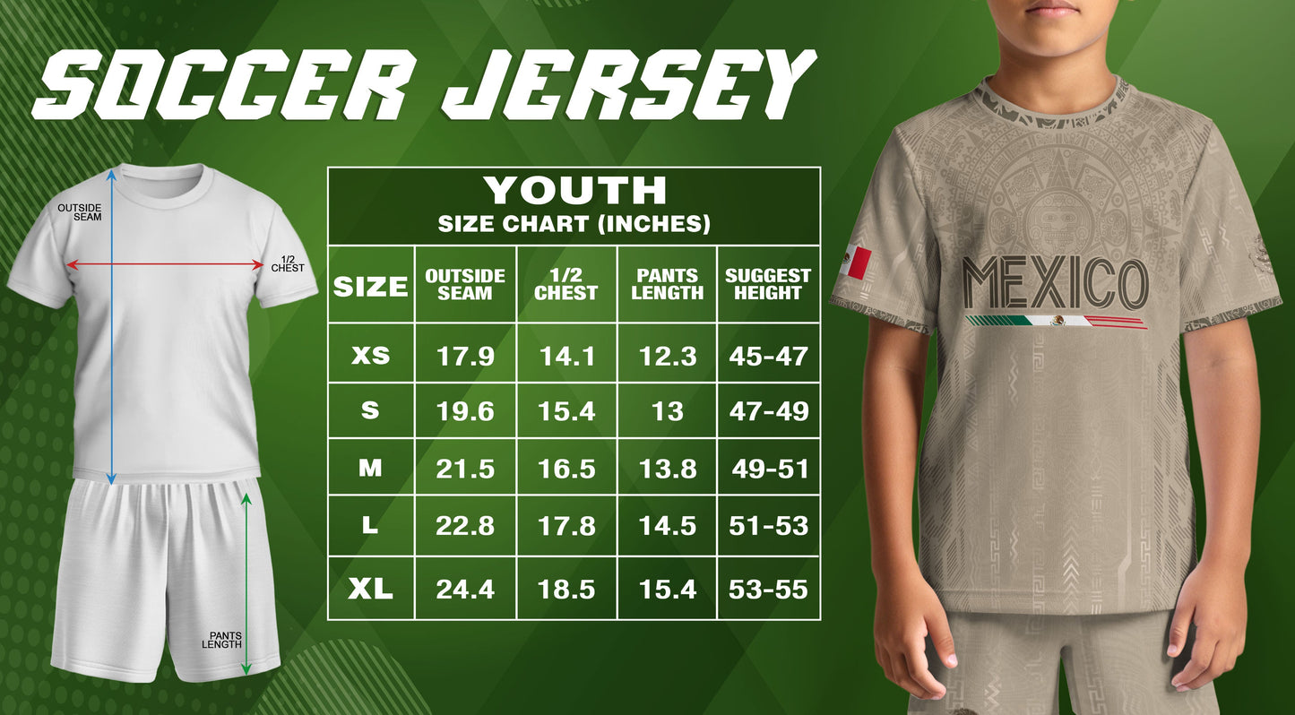 Mexico Soccer Jersey Kid Youth Aztec Calendar Beige Football Shirt Set