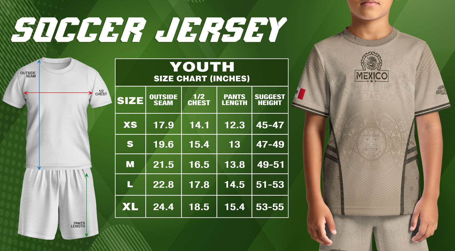 Mexico Kids Soccer Jersey Youth Beige Cream Aztec Calendar Eagle Heritage Football Shirt