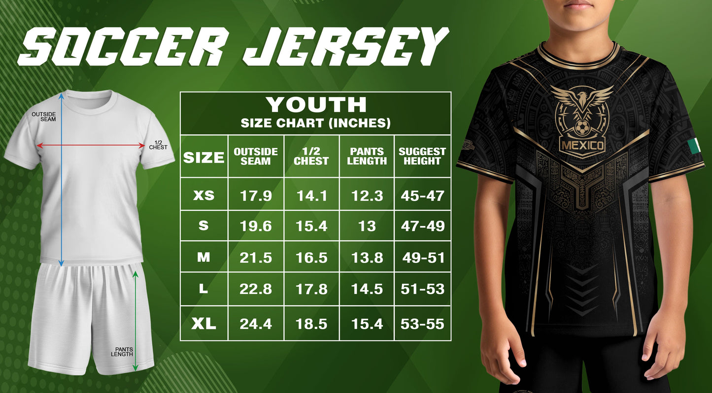 Mexico Youth Soccer Jersey Set Aztec Graphic Kids Football Uniform Black Gold Sportswear