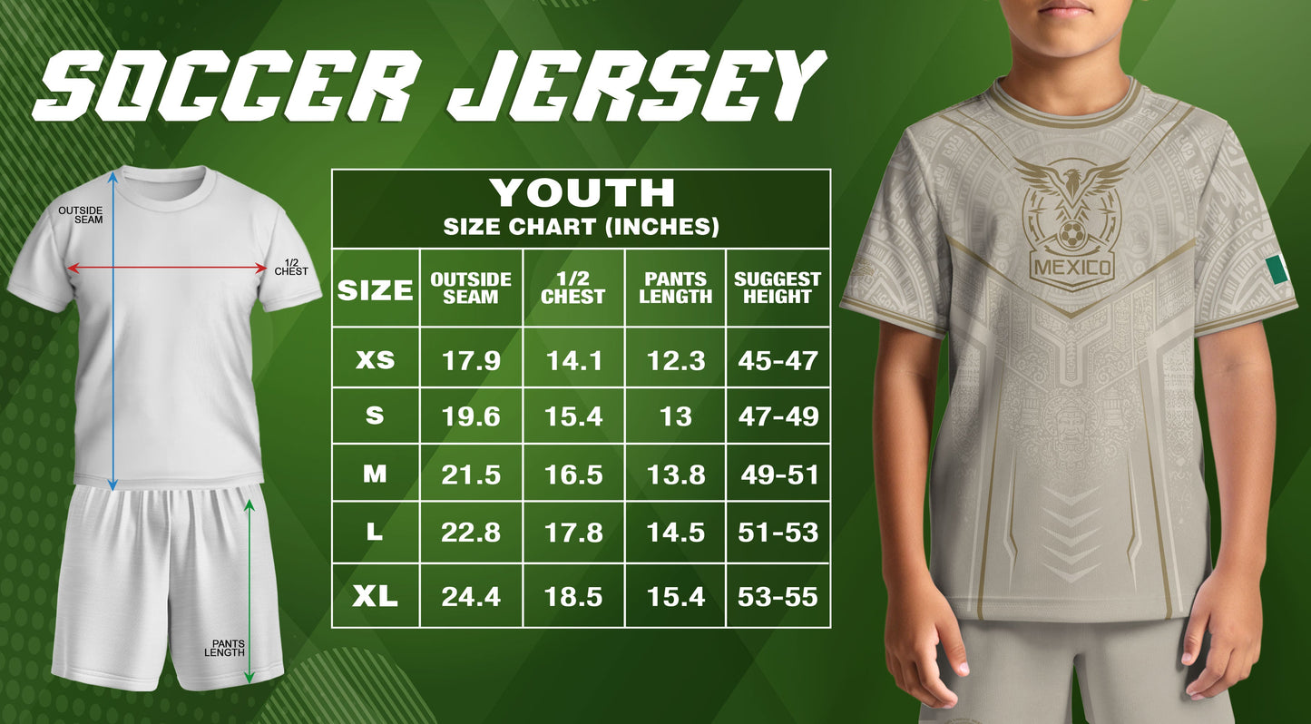 Mexico Soccer Jersey Youth White Gold Aztec Football Shirt Heritage Fan Apparel