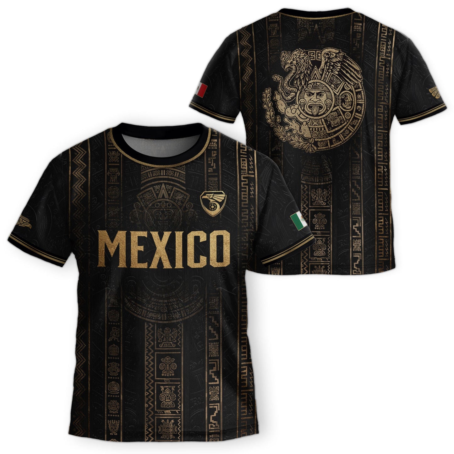 Mexico Soccer Jersey Youth Black Aztec Calendar Sun Stone Heritage Football Shirt Set
