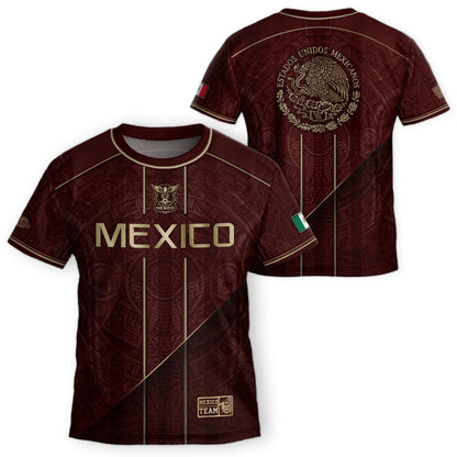 Mexico Football Fan Shirt with Maroon Gold Heritage Aztec Design, Retro Soccer Jersey Youth
