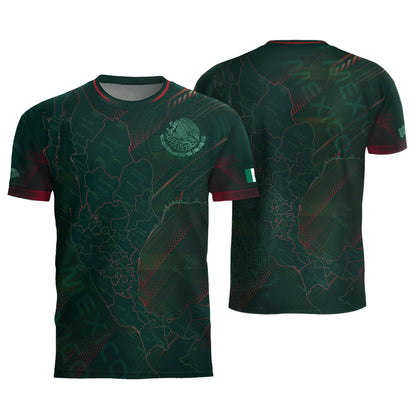 Mexico Heritage Orgullo Mexicano Green Red Detailed Country Map Aztec Soccer Jersey