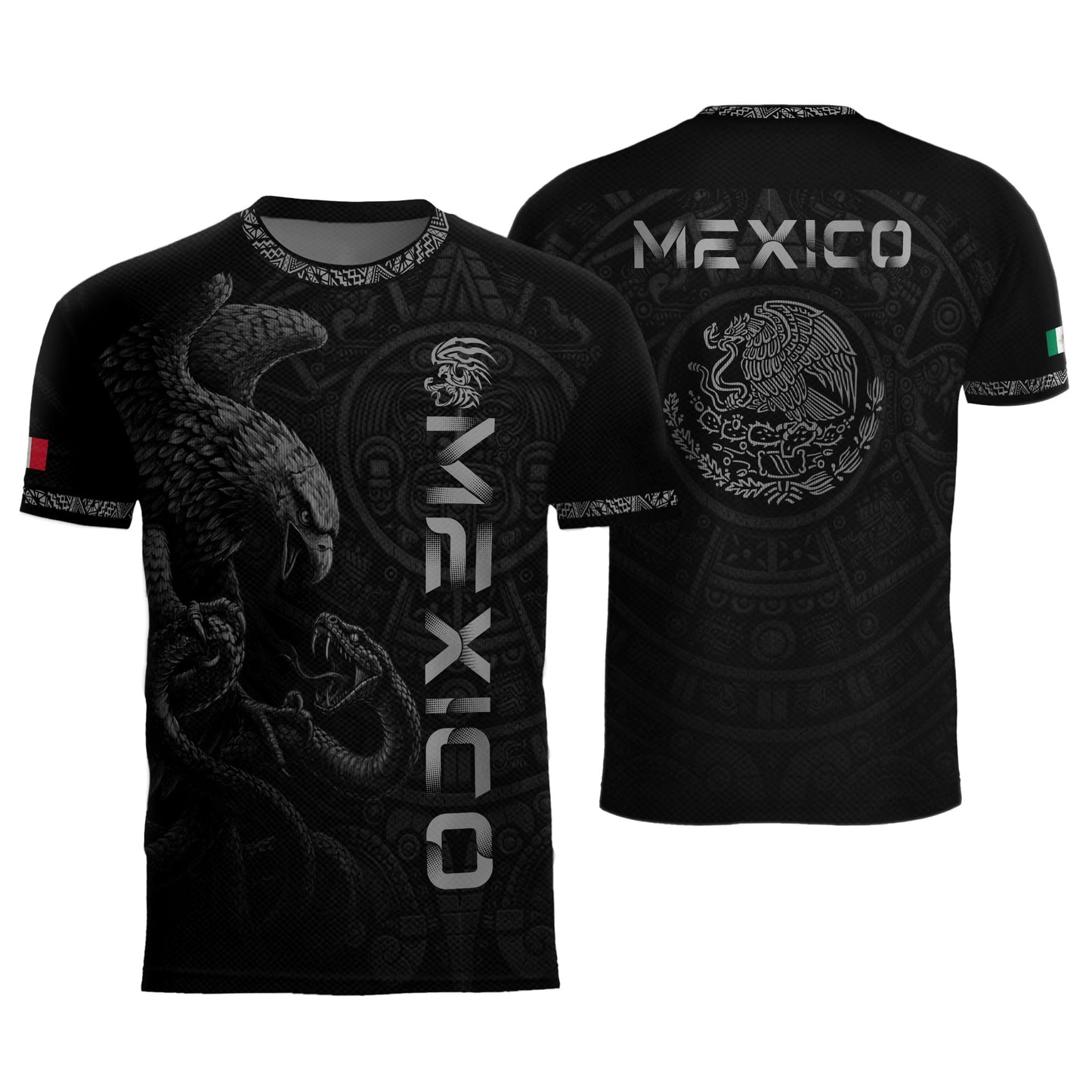 Mexico Coat of Arms Black Silver Eagle Snake Battle Aztec Calendar Heritage Soccer Jersey
