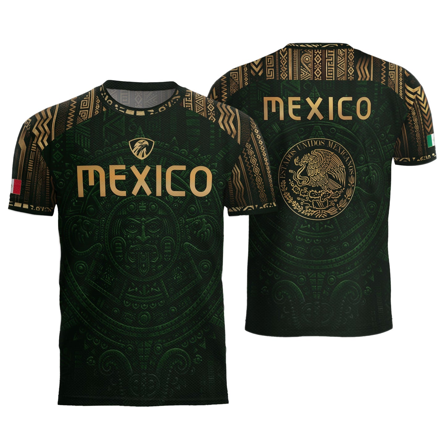 Mexico Heritage Orgullo Mexicano Green Gold Aztec Calendar Sun Stone Soccer Jersey
