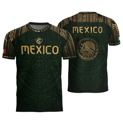Mexico Heritage Orgullo Mexicano Green Gold Aztec Calendar Sun Stone Soccer Jersey