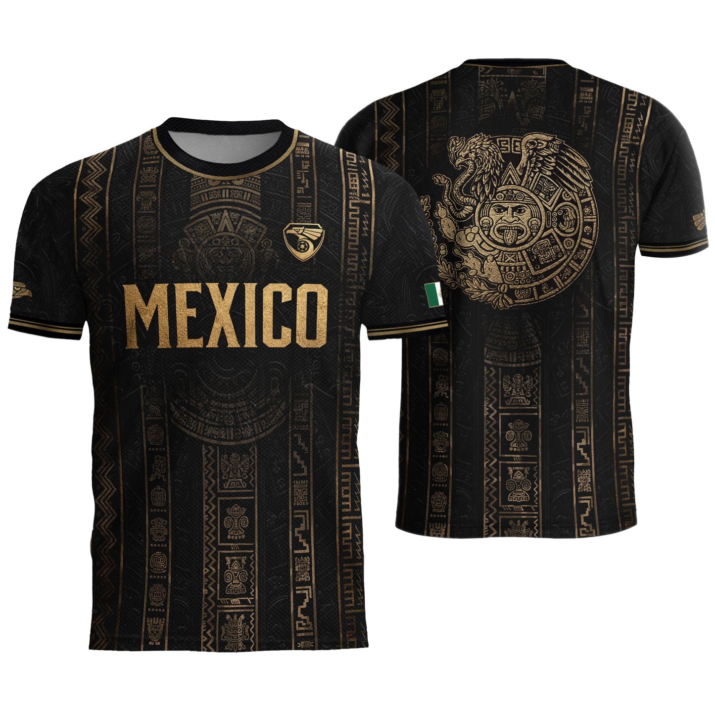 Mexico Soccer Jersey Black Eagle Crest Football Fan Men Shirt Aztec Design Tee