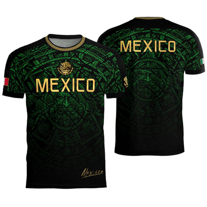 Mexico Soccer Jersey Green Black Aztec Sun Stone - Mexico Fan Heritage Style Shirt