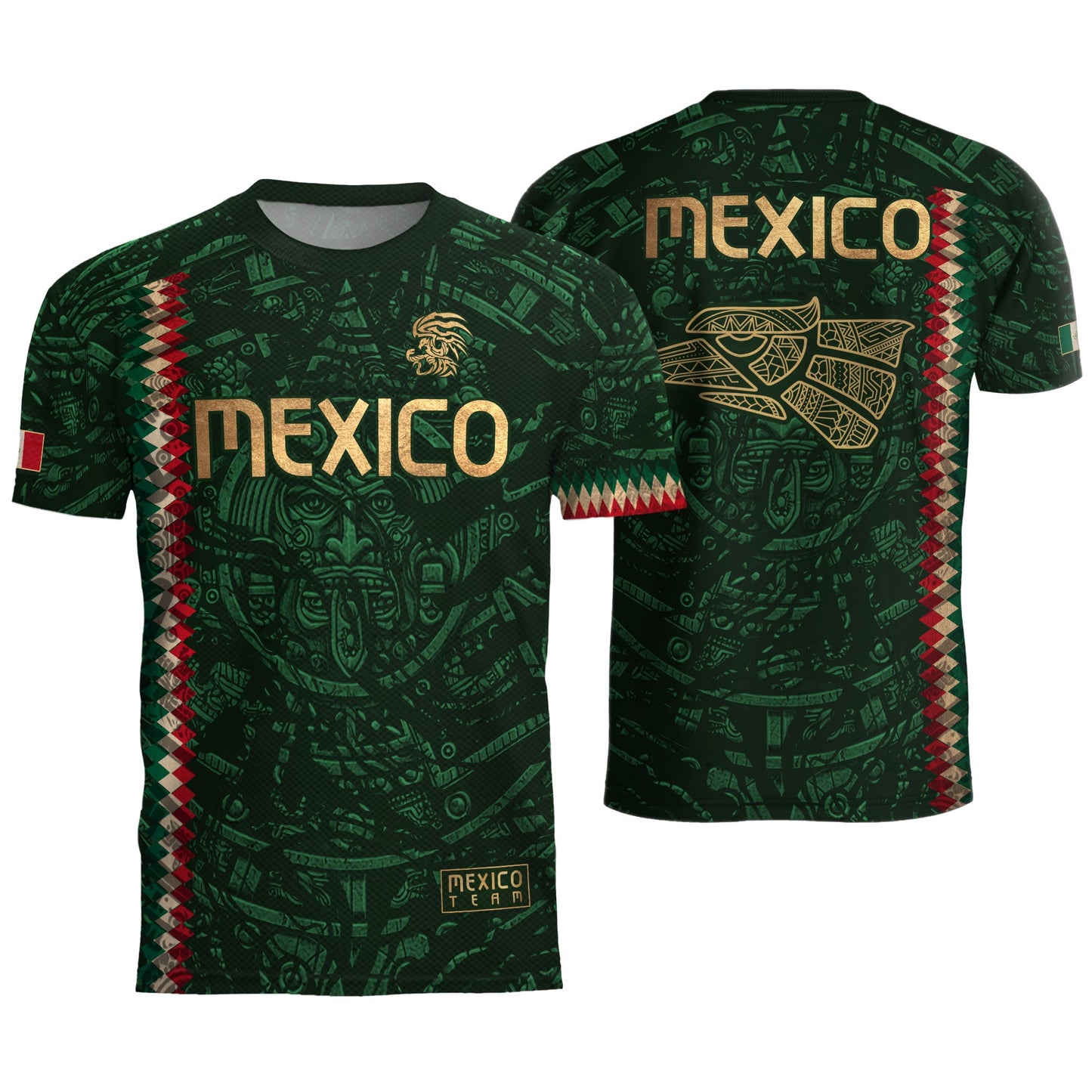 Mexico Soccer Jersey Green Gold Aztec Sun Stone - Mexico National Team Fan Heritage Shirt