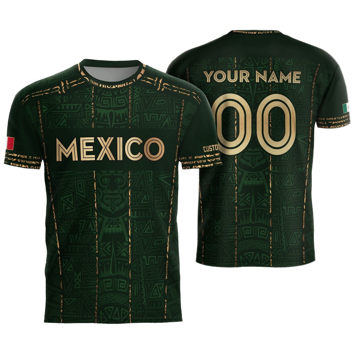 Mexico Soccer Jersey Custom Name - Green Aztec Heritage Pattern Tribal Football Shirt