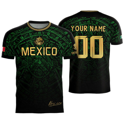 Custom Mexico Soccer Jersey – Green Aztec Calendar Pattern Black Football Shirt