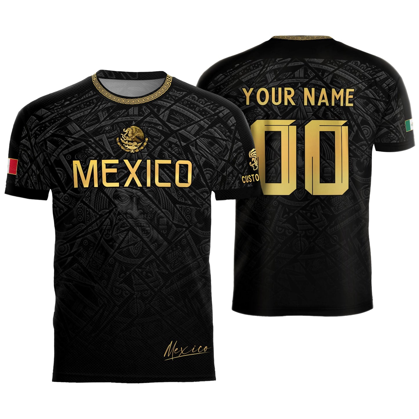 Custom Mexico Soccer Jersey – Black Aztec Heritage Pattern Personalized Football Shirt