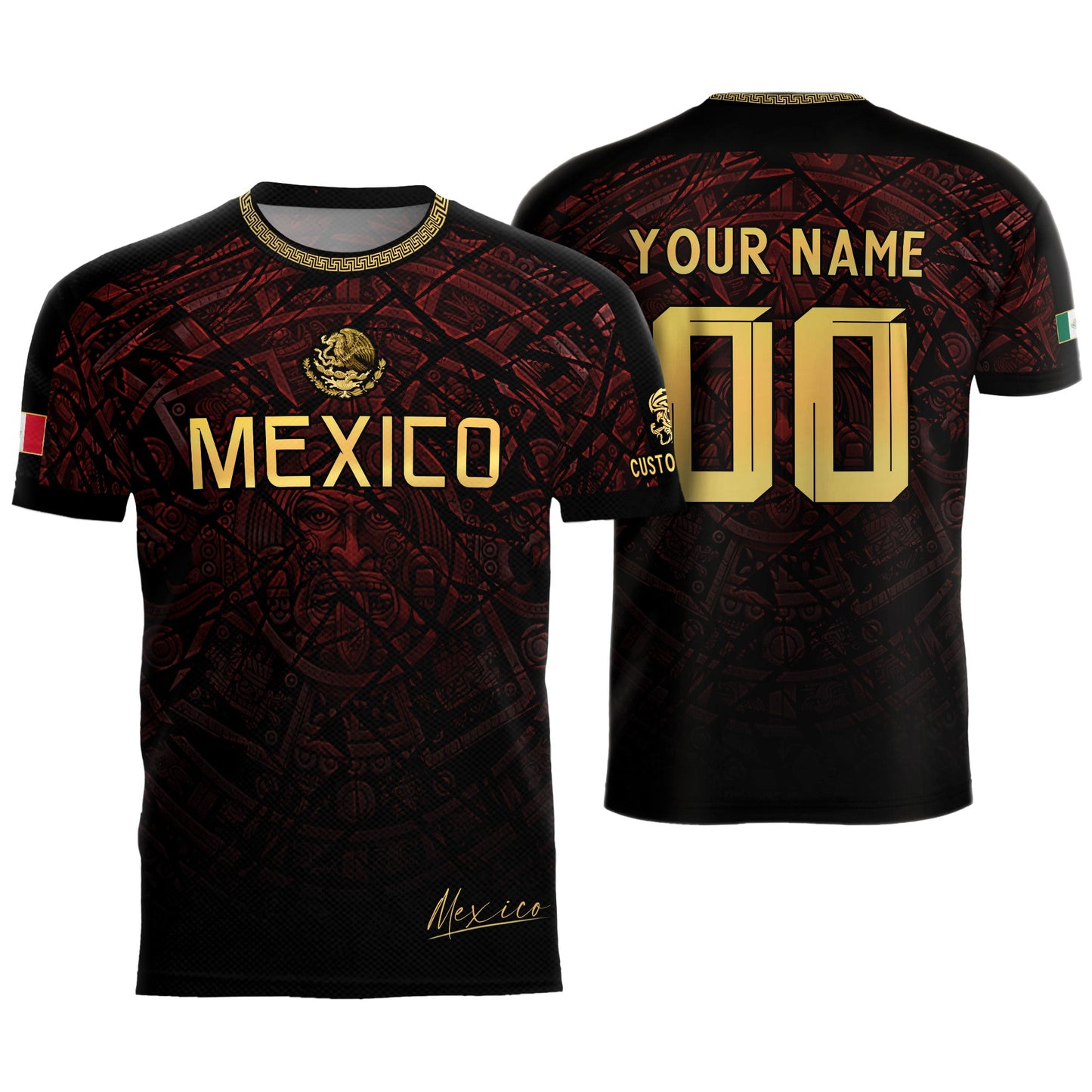 Custom Mexico Soccer Jersey – Maroon Black Aztec Heritage Pattern Personalized Football Shirt