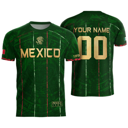 Custom Mexico Soccer Jersey – Green Aztec Pattern Striped Football Shirt with Custom Name Number