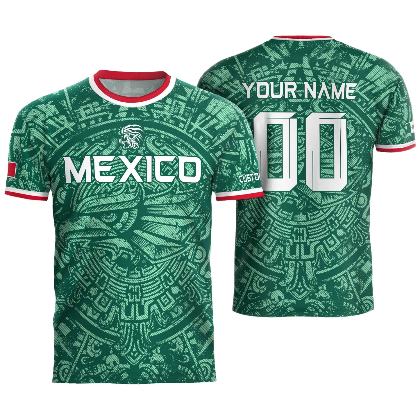 Mexico Soccer Jersey Custom Name - Green Aztec Calendar & Eagle Heritage Football Shirt