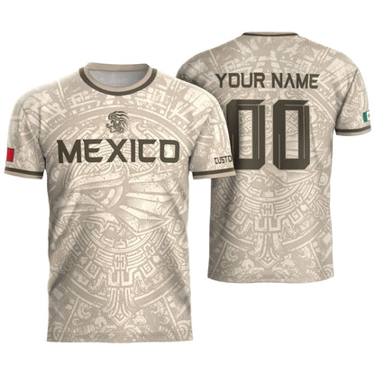 Custom Mexico Soccer Jersey Beige Aztec Calendar & Quetzalcoatl Heritage Fan Shirt