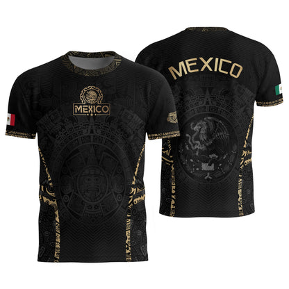 Mexico Soccer Jersey Aztec Sun Calendar Black Gold Football Shirt for Fans