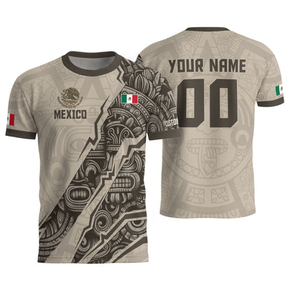 Custom Beige Mexico Soccer Jersey Aztec Eagle Heritage Gold Trim Mexican Football Shirt