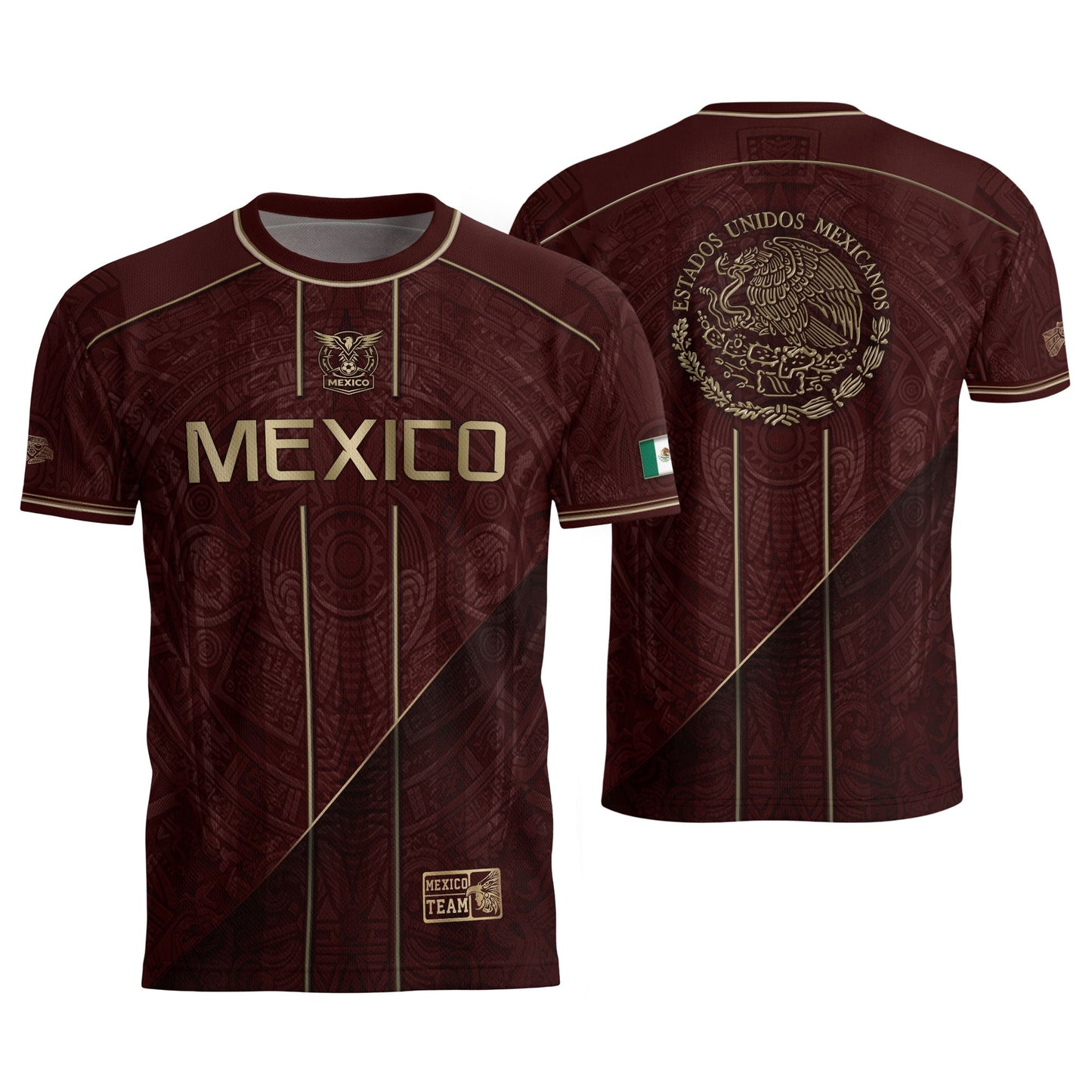 Mexico Soccer Jersey Men Maroon Gold Heritage Football Shirt Aztec Style Top