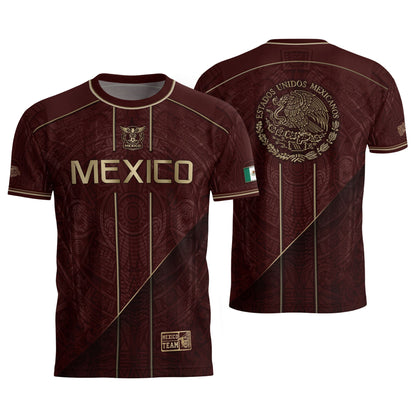 Mexico Soccer Jersey Men Maroon Gold Heritage Football Shirt Aztec Style Top
