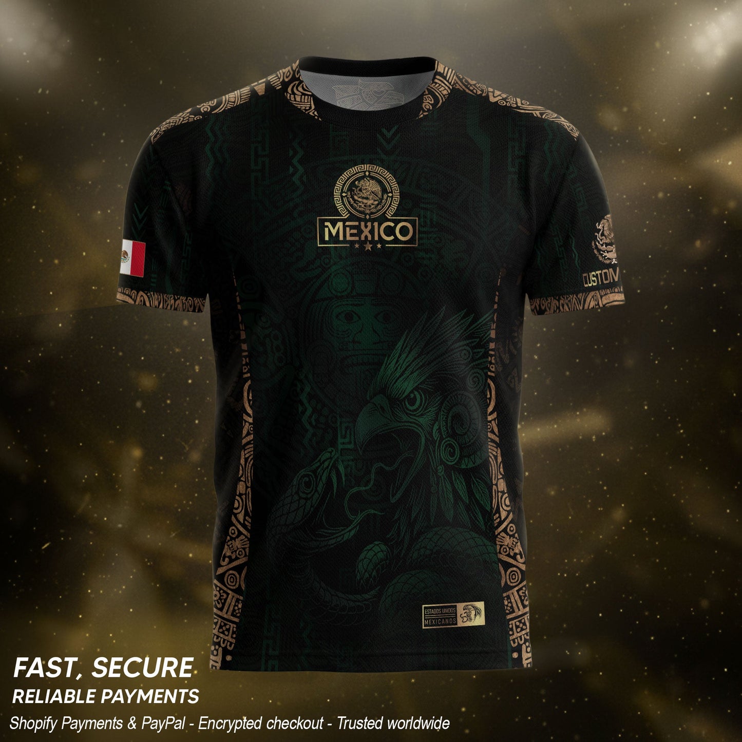 Custom Mexico Green Gold Soccer Jersey with Aztec Eagle Warrior Design