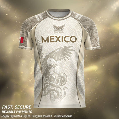 Mexico Beige Aztec Eagle Snake Heritage Soccer Jersey Mexican Pride Design