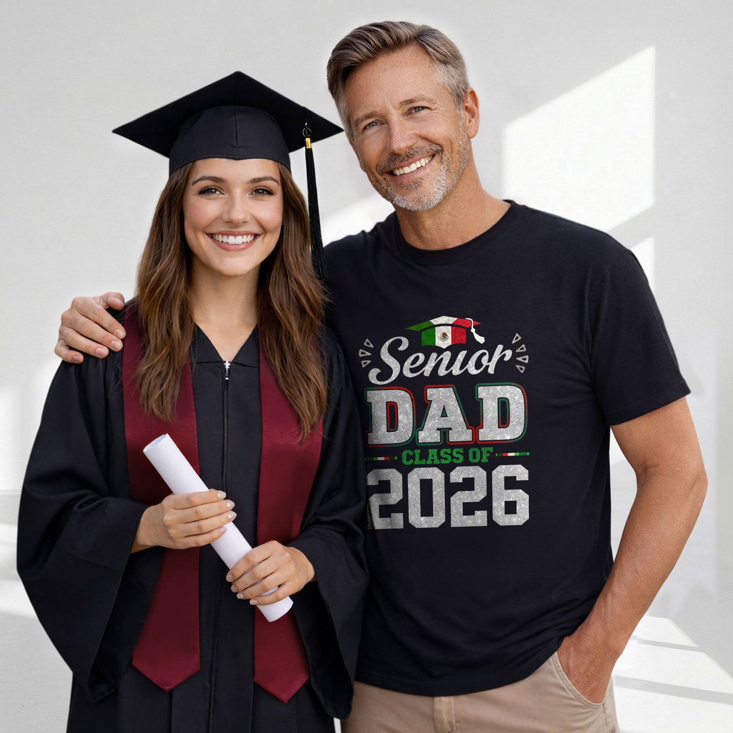 Senior Family 2026 Mexico Flag Varsity Shirt - Proud Mexican Silver Glitter Graduation Tee..