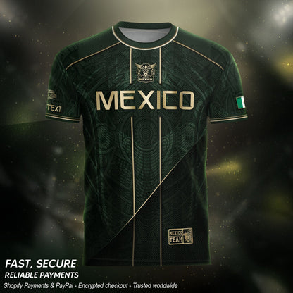 Mexico Soccer Jersey Personalized Name Number Green Aztec Sun Stone Design Kit